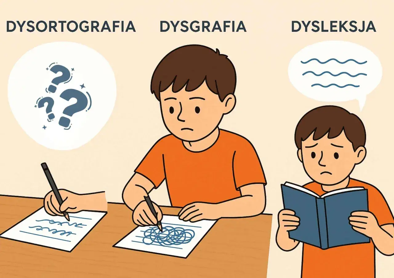 Ilustracja pokazuje, na czym polega dysortografia: trudności z pisownią, w przeciwieństwie do dysgrafii (nieczytelne pismo) i dysleksji (problemy z czytaniem).