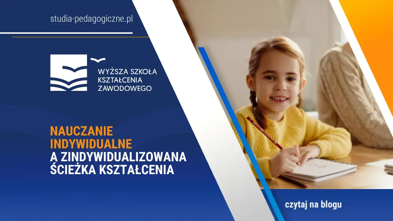 Uśmiechnięta dziewczynka z warkoczami pisze w zeszycie, co symbolizuje nauczanie indywidualne w szkole podstawowej.