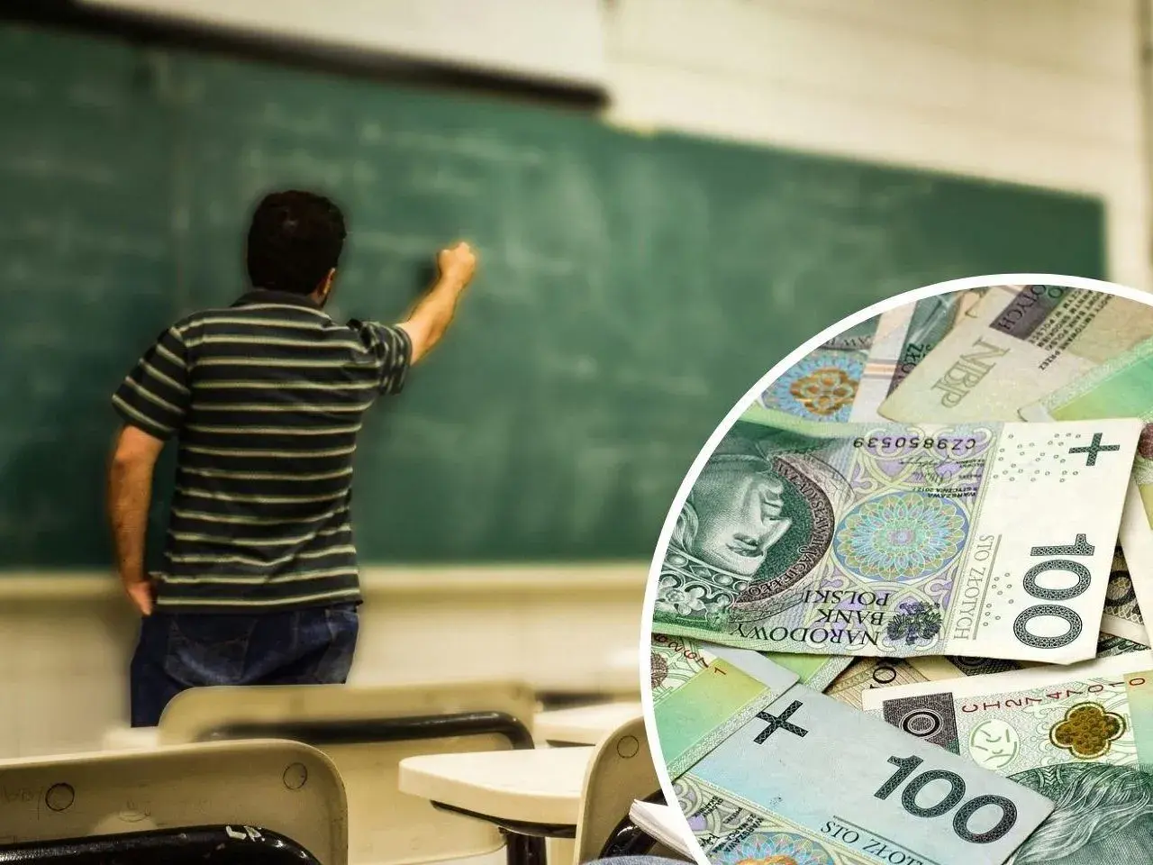 Nauczyciel przy tablicy, a obok stos banknotów. Czy to zapowiedź podwyżki dla nauczycieli 2026?