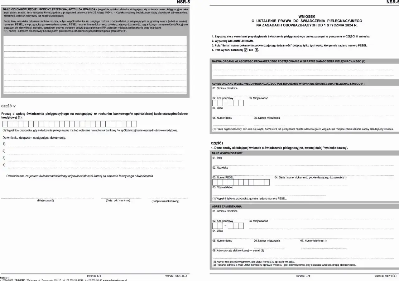 Wniosek o świadczenie pielęgnacyjne. Formularz zawiera dane wnioskodawcy, adres zamieszkania i dane członków rodziny przebywających za granicą.