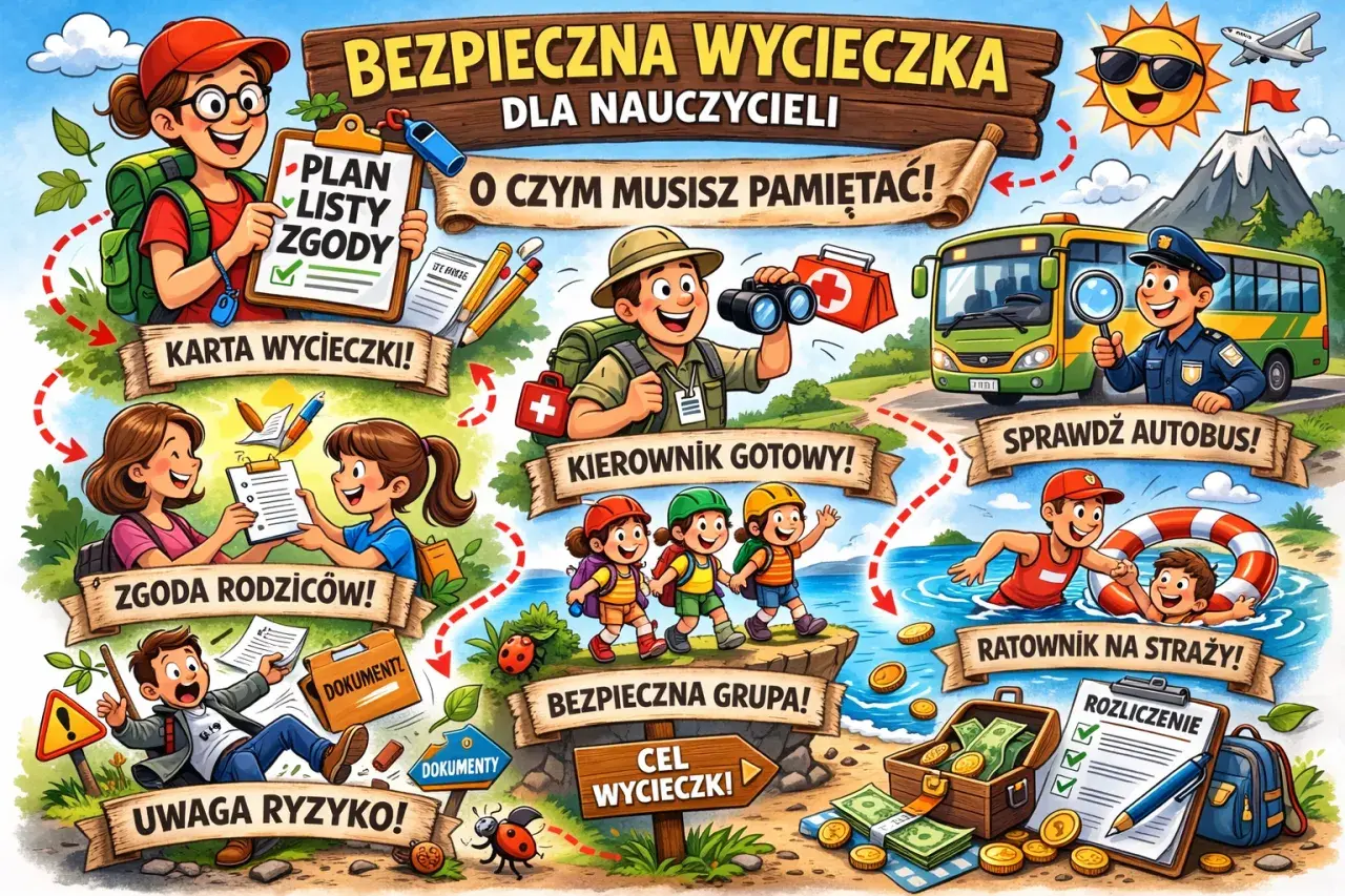 Ilustracja przedstawia bezpieczną wycieczkę zagraniczną do kuratorium. Plan wycieczki, zgoda rodziców, kierownik gotowy, sprawdzony autobus, ratownik na straży, bezpieczna grupa i rozliczenie.