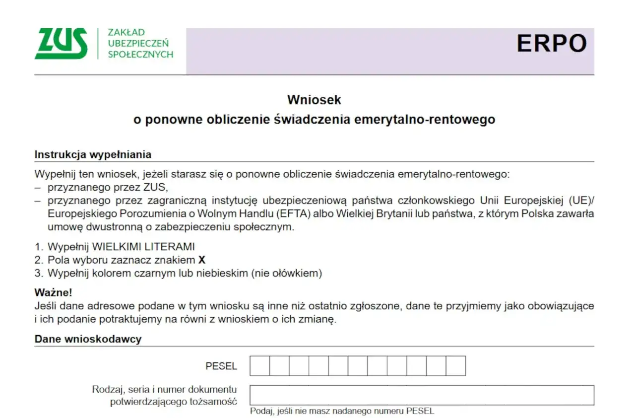 Wniosek do ZUS o ponowne obliczenie świadczenia emerytalno-rentowego. Formularz zawiera instrukcje wypełniania i sekcję "Dane wnioskodawcy" z polem na PESEL.