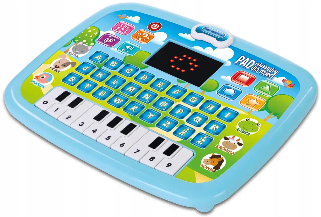 Niebieski tablet edukacyjny dla dzieci z klawiaturą i przyciskami. To polska szkoła internetowa w miniaturze, ucząca liter, cyfr i zwierząt.