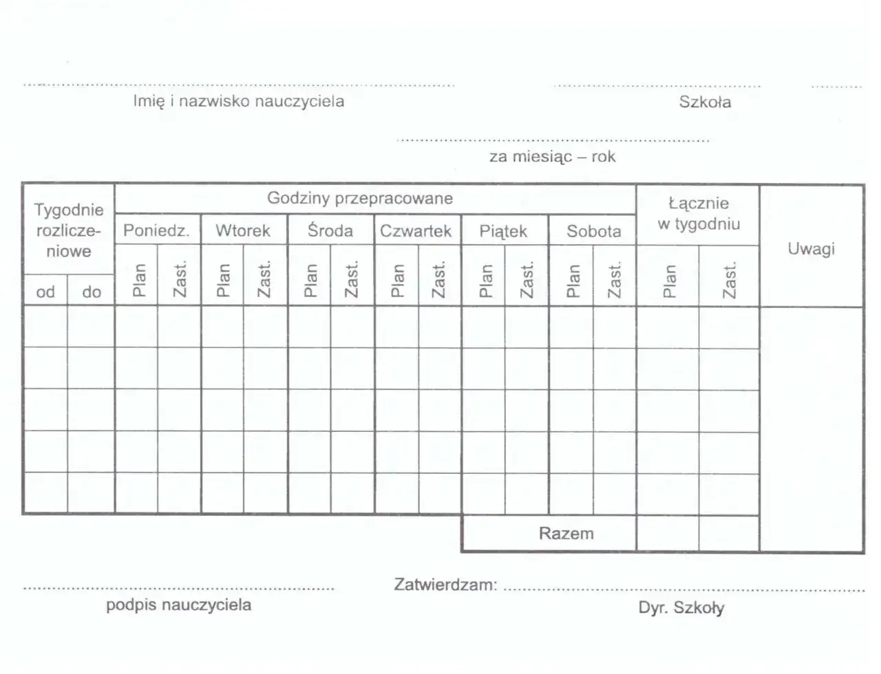 Formularz do ewidencji godzin przepracowanych przez nauczycieli, uwzględniający godziny ponadwymiarowe, planowe i zastępstwa.