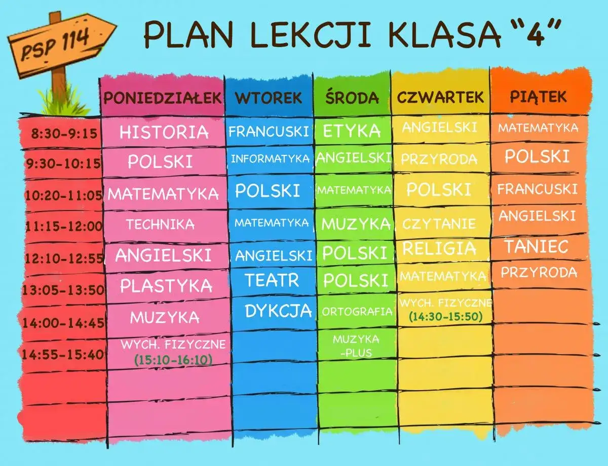 Plan lekcji klasy 4. W czwartek religia jest o 12:10.
