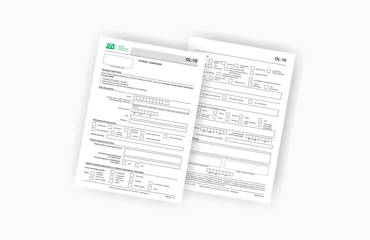 Formularz ZUS OL-10 do wypełnienia przez pracodawcę, zawierający dane o pracowniku i jego pracy, niezbędny do świadczenia rehabilitacyjnego.