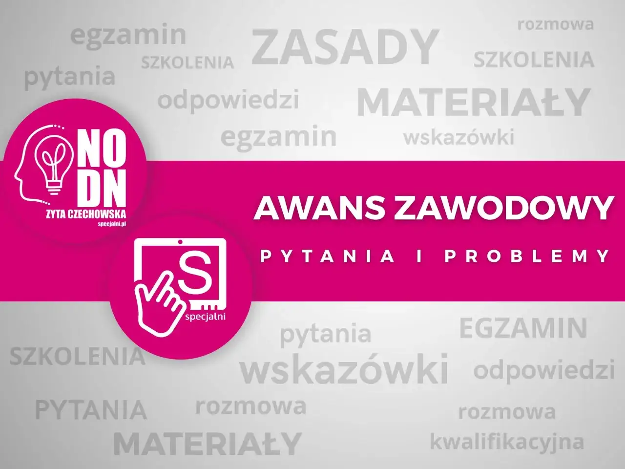 Grafika promuje awans zawodowy nauczyciela mianowanego. Widać hasła: egzamin, pytania, szkolenia, materiały, zasady, odpowiedzi, rozmowa, wskazówki, kwalifikacyjna.