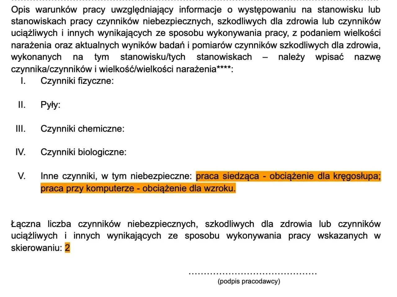 Formularz skierowania na badania lekarskie, zawierający informacje o czynnikach szkodliwych w pracy, np. praca przy komputerze.