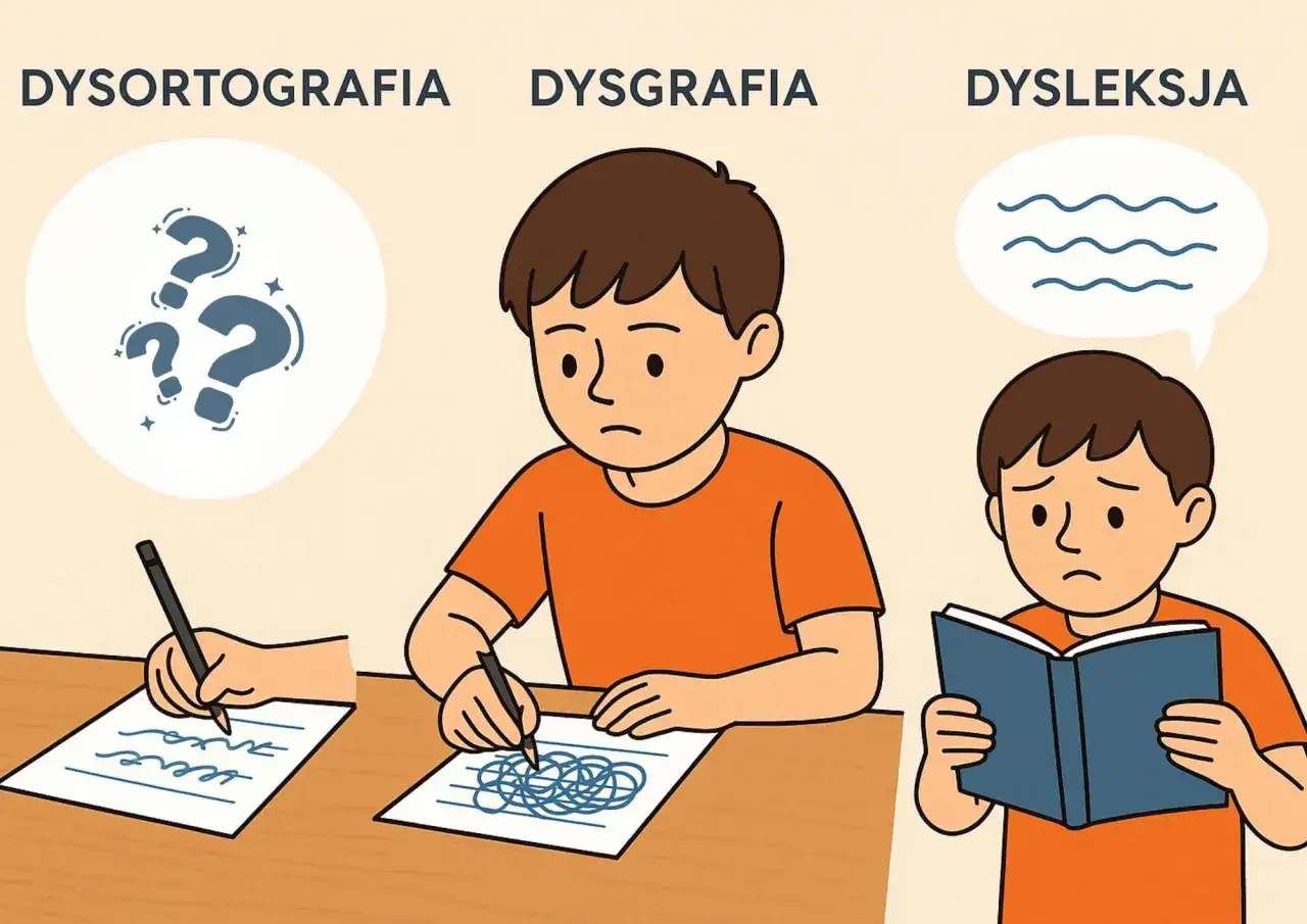 Orzeczenie o dysgrafii pomaga zrozumieć trudności w pisaniu. Ilustracja pokazuje dzieci z dysleksją, dysortografią i dysgrafią.