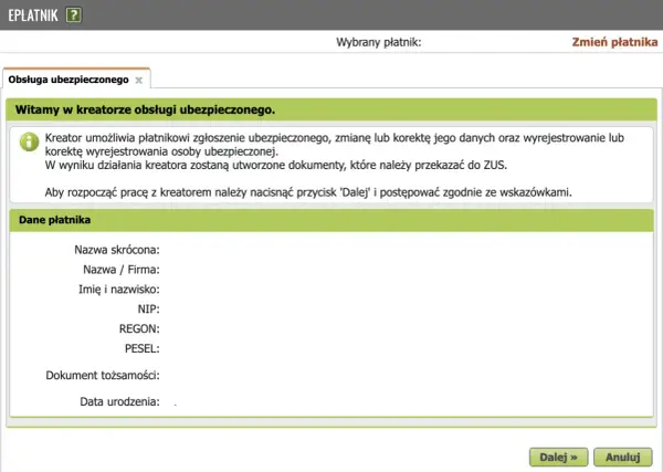 Kreator obsługi ubezpieczonego w programie Płatnik. Dane płatnika do ZUS.