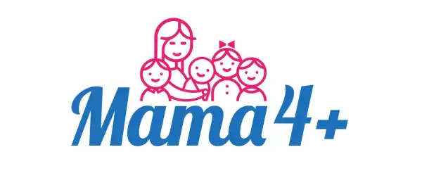 Logo "Mama 4+" z uśmiechniętą mamą i czwórką dzieci. Symbolizuje emeryturę dla matek 4 dzieci, które pracowały.