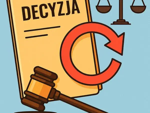 Symbolika prawa: młotek sędziowski, waga sprawiedliwości i dokument "DECYZJA" z symbolem odnowienia, nawiązujące do art. 155 kpa.