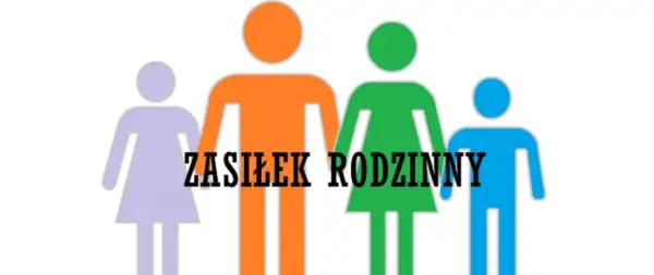 Kolorowe sylwetki rodziny z napisem "Zasiłek rodzinny" symbolizują wsparcie dla rodziców.