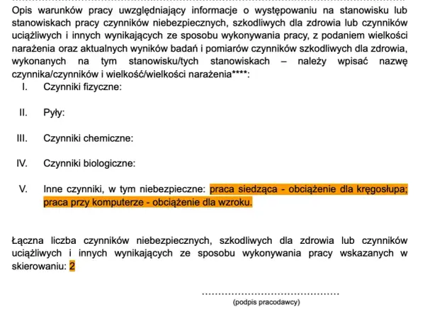 Formularz skierowania na badania lekarskie, wymieniający czynniki szkodliwe w pracy, np. praca przy komputerze.