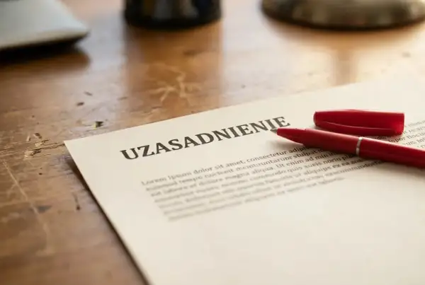 Czerwony długopis leży obok dokumentu z nagłówkiem "UZASADNIENIE", sugerując przygotowanie do wypowiedzenia umowy o pracę.