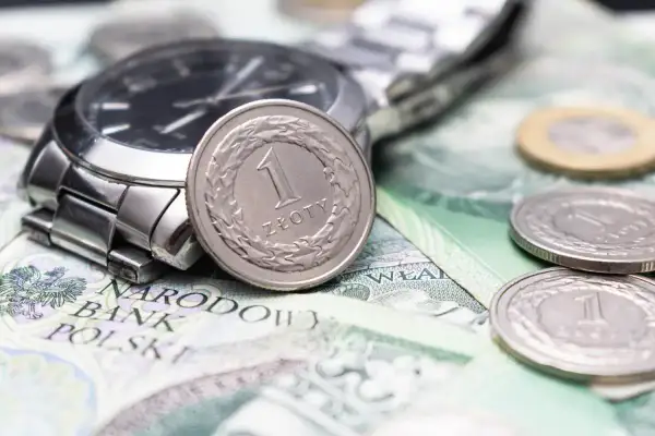 Zegarek i monety na banknotach. Czy to symbol najniższa krajowa na godzinę?