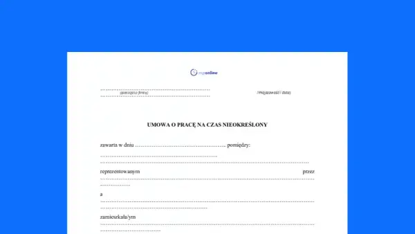 Formularz umowy o pracę na czas nieokreślony, gotowy do wypełnienia.