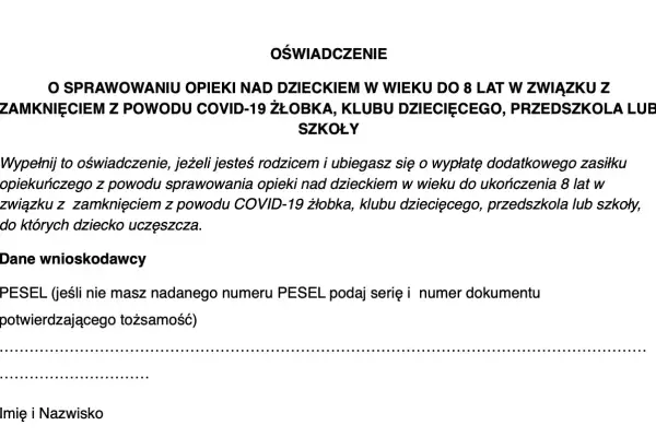 Oświadczenie o sprawowaniu opieki nad dzieckiem do 8 lat z powodu COVID-19. Wypełnij, jeśli ubiegasz się o zasiłek opiekuńczy, ile wynosi dowiesz się z dalszych informacji.