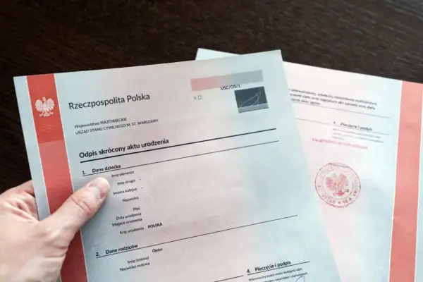 Fragment polskiego aktu urodzenia z pieczęcią urzędową.