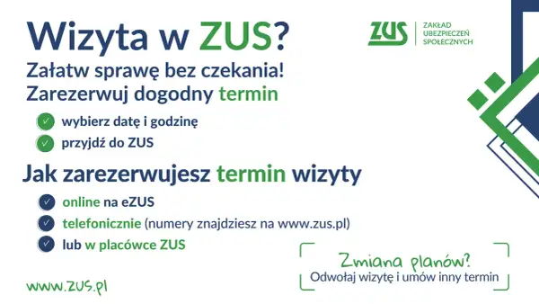 Zarezerwuj wizytę w ZUS bez czekania. Wybierz dogodny termin online, telefonicznie lub w placówce. Zmiana planów? Odwołaj wizytę i umów inny termin. www.zus.pl