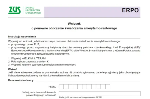 Wniosek do ZUS o ponowne obliczenie świadczenia emerytalno-rentowego. Formularz zawiera instrukcje wypełniania i sekcję "Dane wnioskodawcy" z polem na PESEL.