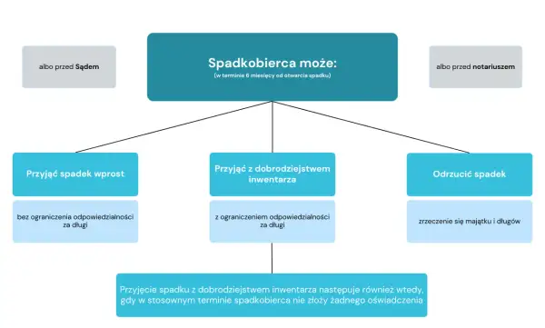 Schemat przedstawia decyzje spadkobiercy: przyjąć spadek wprost, przyjąć z dobrodziejstwem inwentarza lub odrzucić spadek.