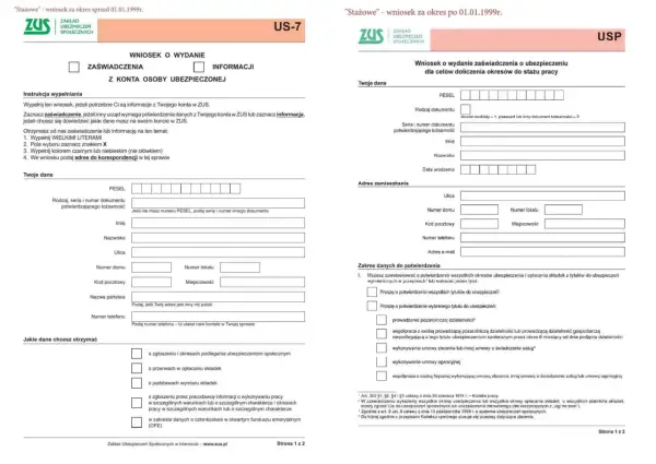 Wniosek US-7 do ZUS o wydanie zaświadczenia o okresach ubezpieczenia. Wypełnij dane osobowe i wybierz zakres informacji.