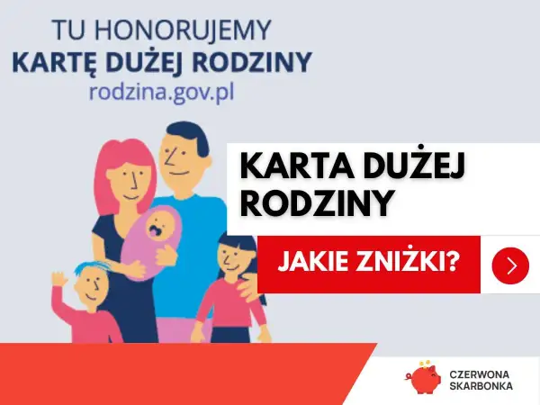 Ilustracja przedstawia rodzinę z dziećmi. Obok widnieje napis "Karta dużej rodziny", zachęcający do sprawdzenia dostępnych zniżek.