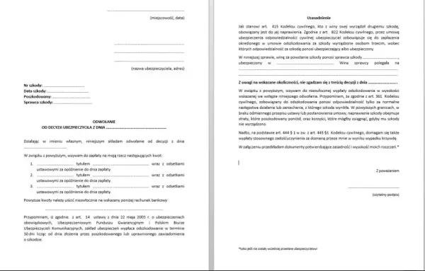 Odwołanie od decyzji ubezpieczyciela, wzywające do zapłaty odszkodowania i zadośćuczynienia.