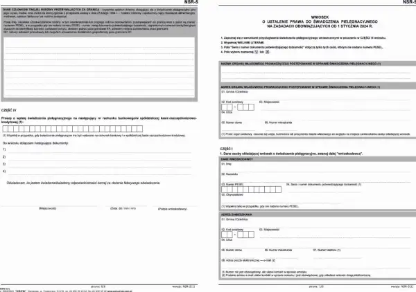 Wniosek o świadczenie pielęgnacyjne. Formularz zawiera dane wnioskodawcy, adres zamieszkania i dane członków rodziny przebywających za granicą.